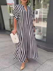 Plus Size Striped Longline Dress with Short Sleeves Notched Neck for Spring Summer Women