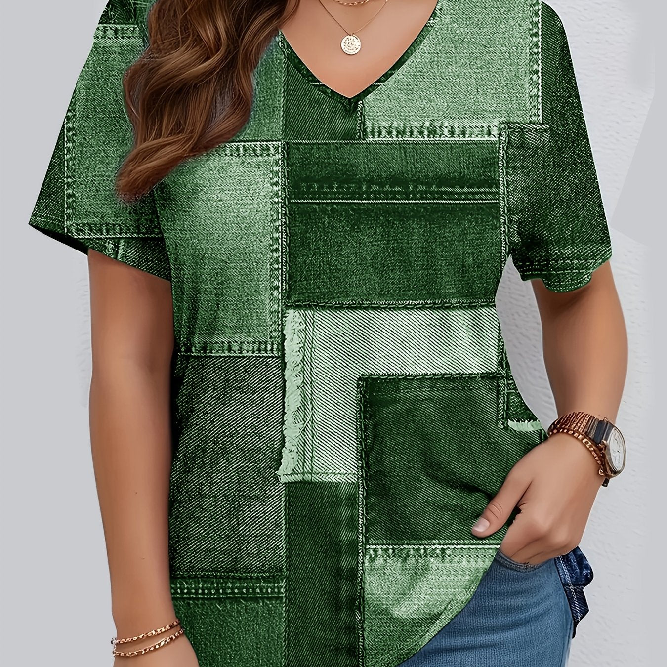 Plus Size V-Neck Printed Blouse Polyester Blend Slight Stretch Casual Top