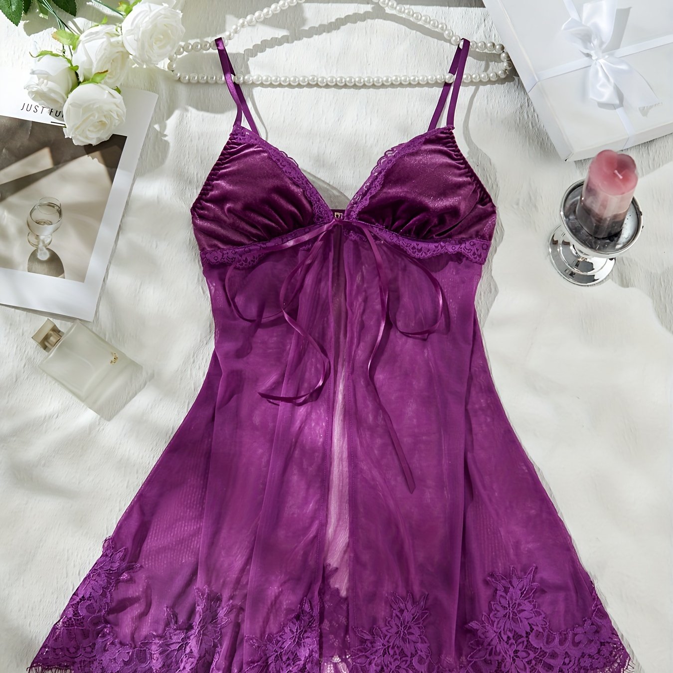 Polyester Babydoll Lingerie with Mesh, Lace Trim and Tie Closure