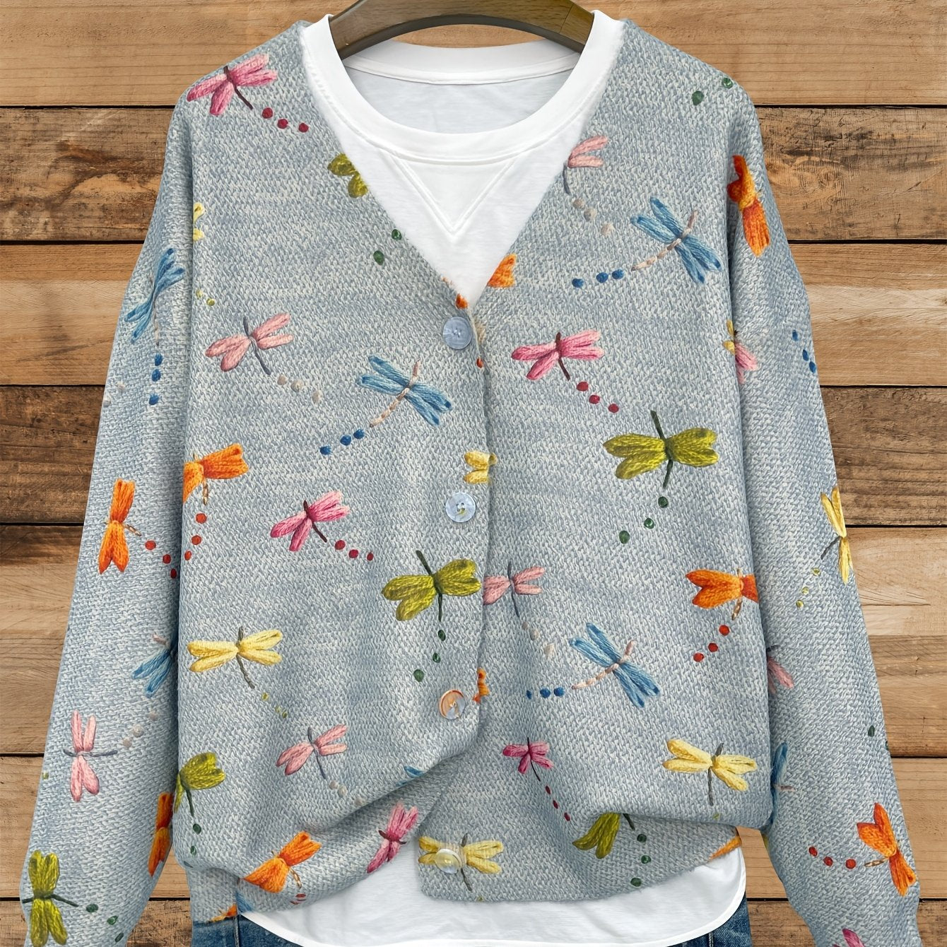 Cárdigan de punto para mujer talla grande con libélula y escote en V, suéter casual de manga larga