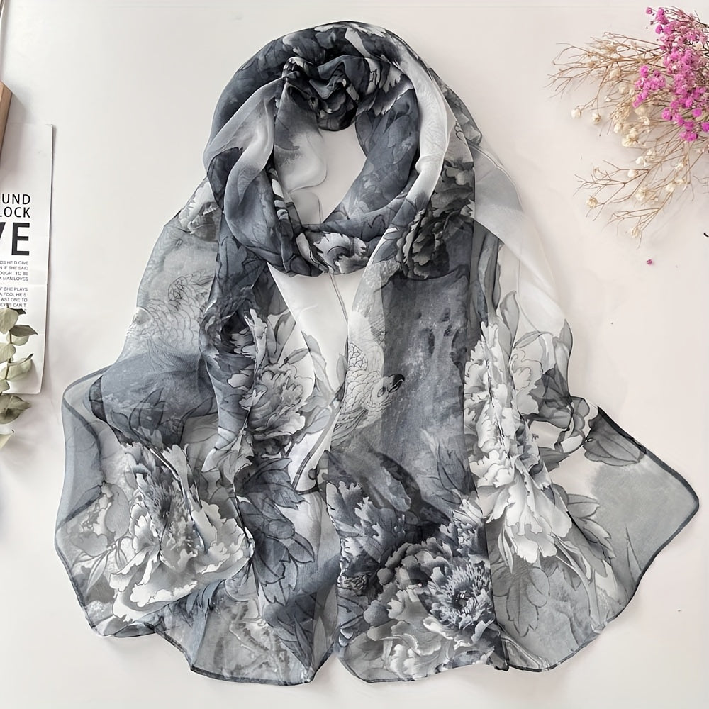 Women's Silk Scarf with Peony Design for Spring and Summer
