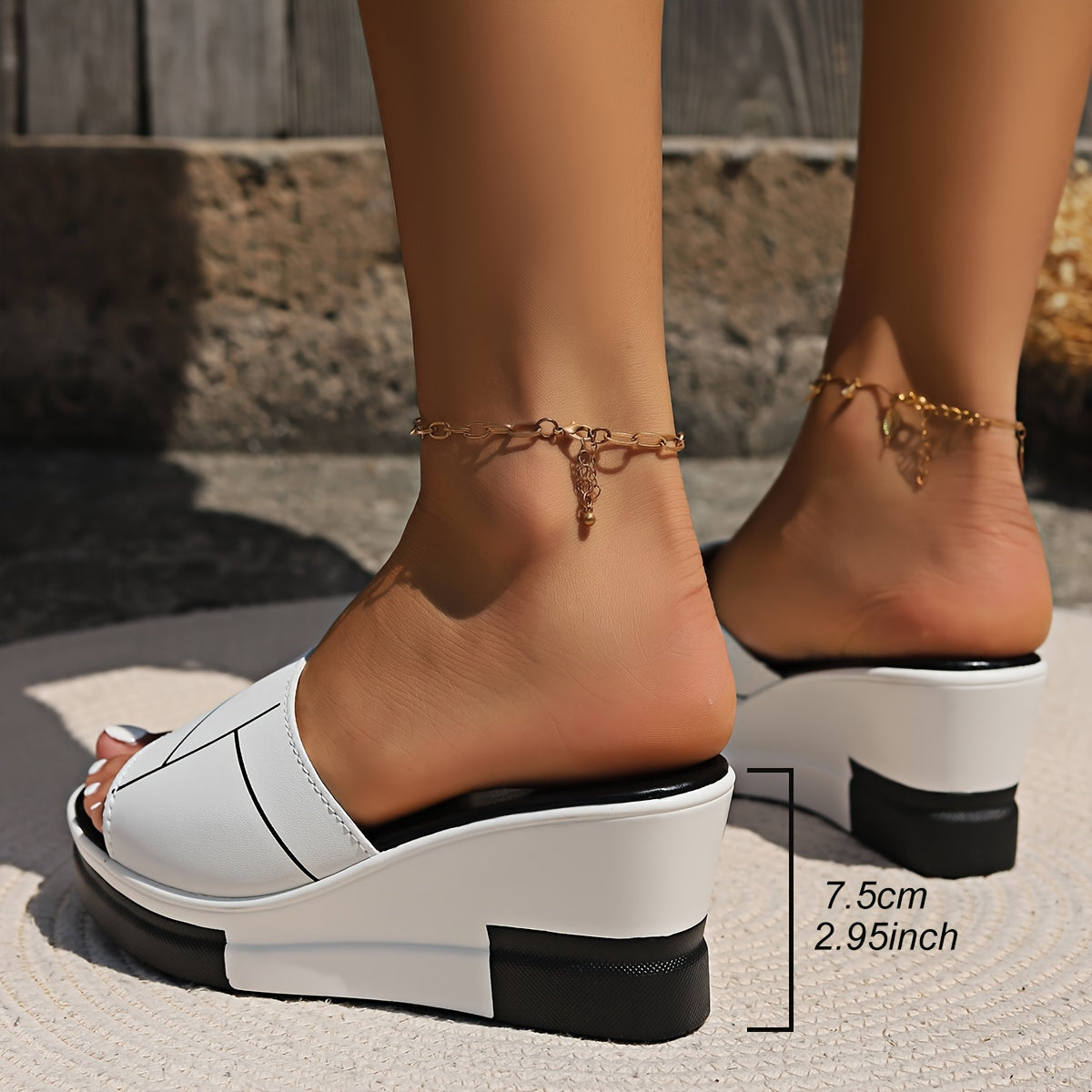Women Summer Wedge Sandals Open-Toe Slip-On Cushion Sole Black White