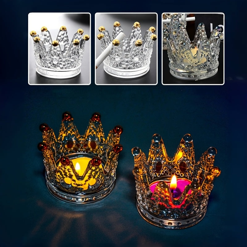 Unisex Crystal Glass Ashtray Octagonal Crown-Shaped Gold Accents