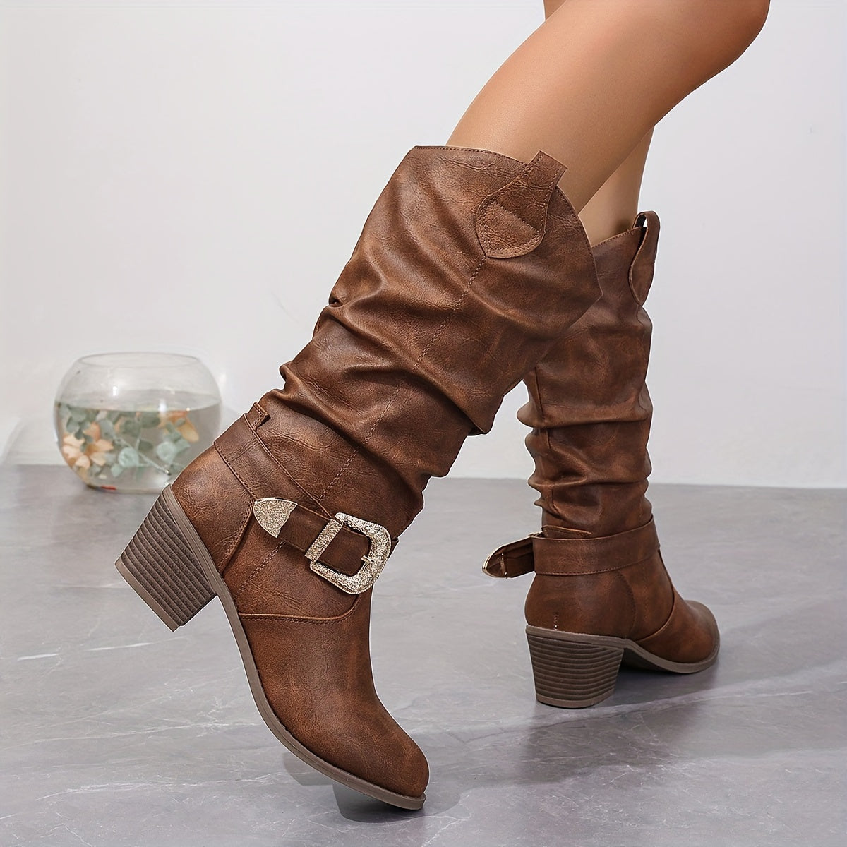 Women's Mid-Calf Faux Leather Slip-On Boots with Chunky Heel and Buckle