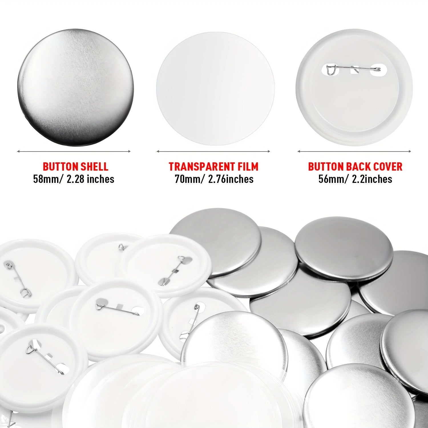 50 Sets of 58mm Round Button Parts for DIY Pin Making Plastic and Tinplate