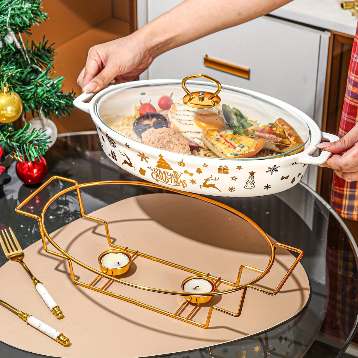 Керамическая рождественская кастрюля с крышкой и железной подставкой - Идеально подходит для приготовления супов, рагу и запеканок на кухне