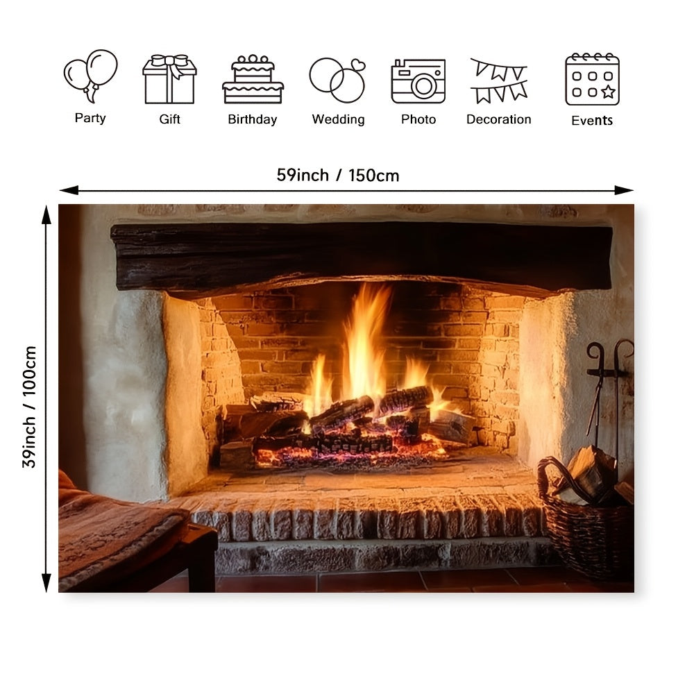 Polyester Fireplace Backdrop Cloth for Home Decor, Wood Burning Scene, All Seasons