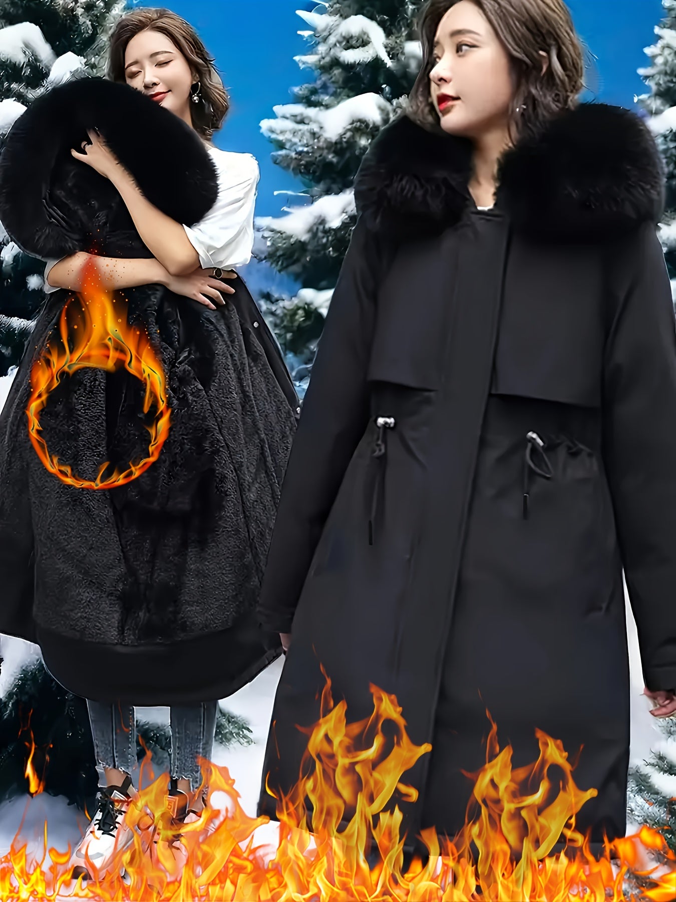 Parka beige adelgazante para mujer con capucha desmontable de pelo sintético, forro de felpa, a prueba de viento