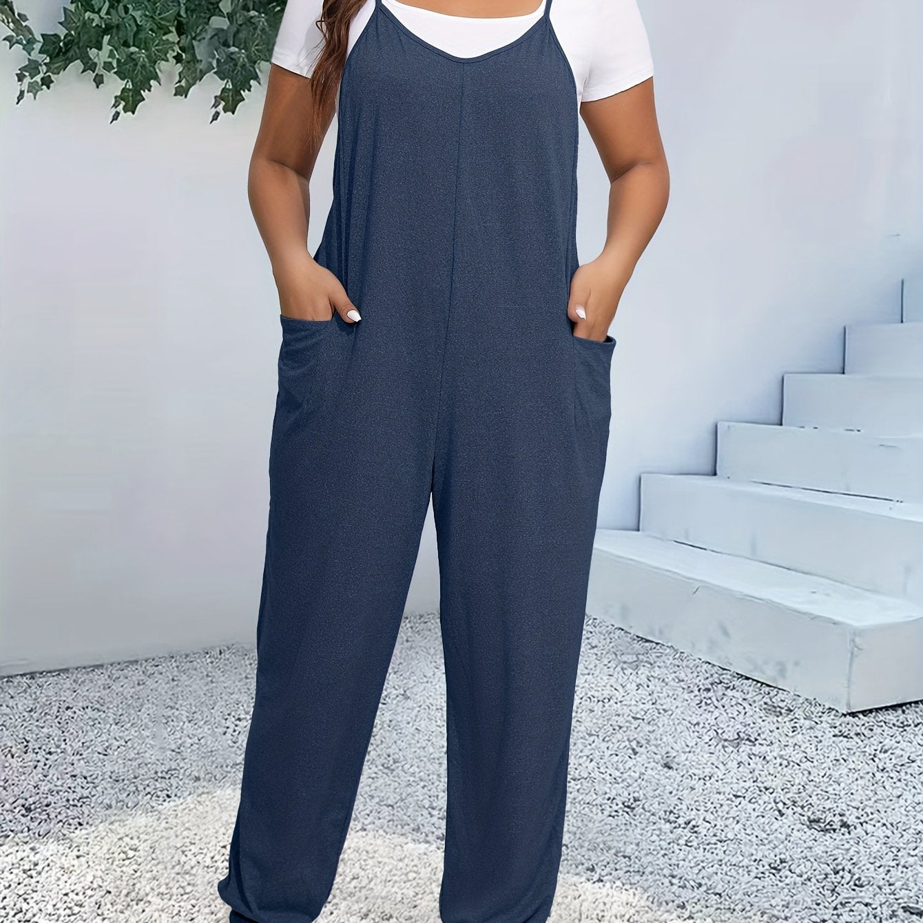 Plus Size Casual V-Neck Jumpsuit with Pockets Polyester Knit Spring Summer Fall