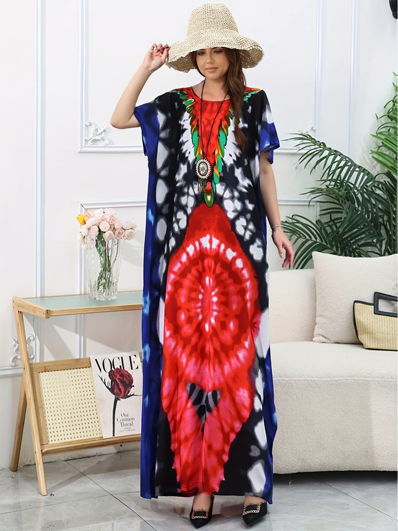 Vestido de playa bohemio para mujer talla grande, color beige claro, manga corta