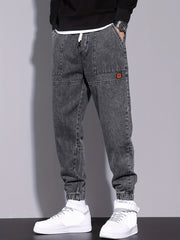 Men's Denim Jogger Pants with Elastic Drawstring Waist Cropped All-Season Street Style