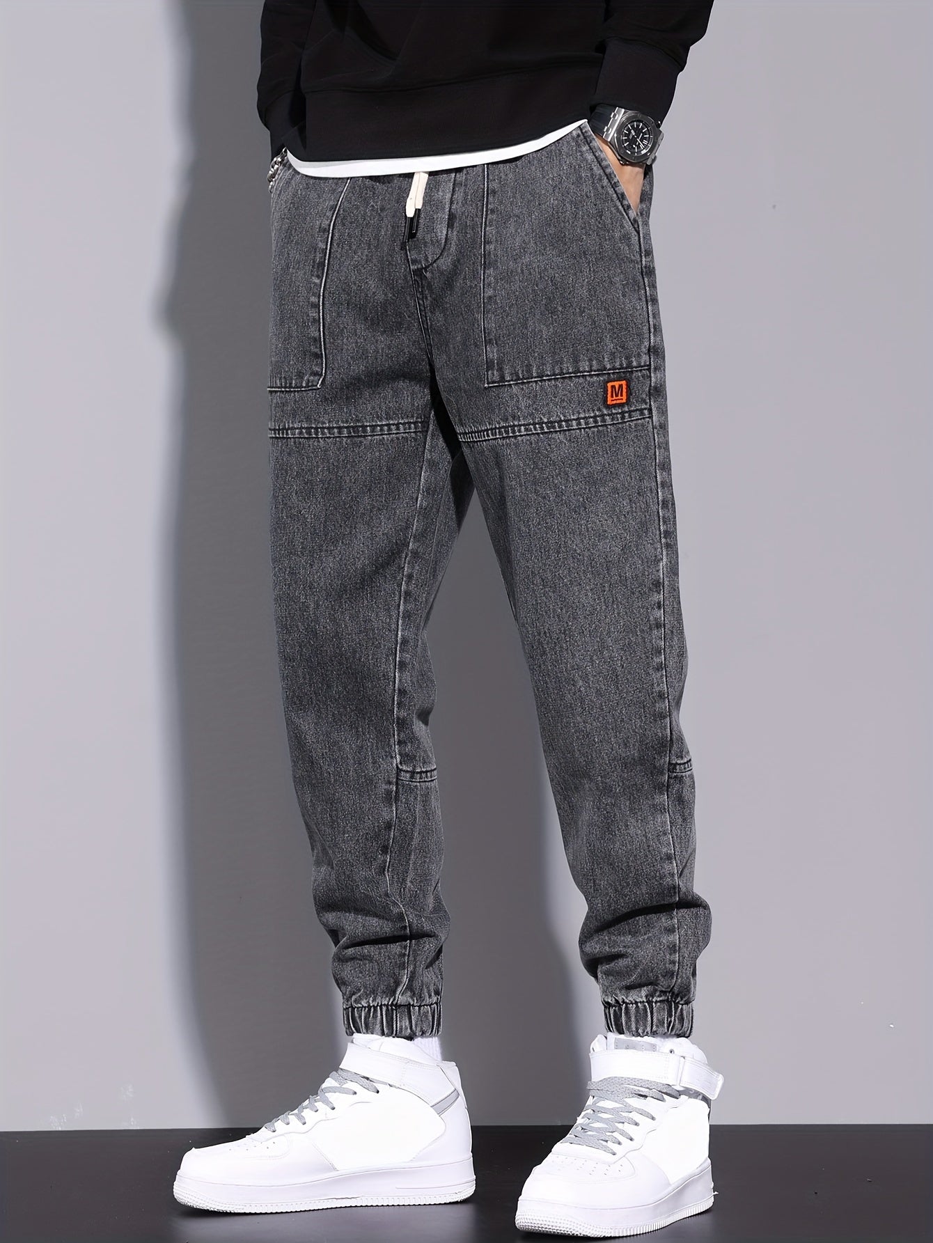 Men's Denim Jogger Pants with Elastic Drawstring Waist Cropped All-Season Street Style