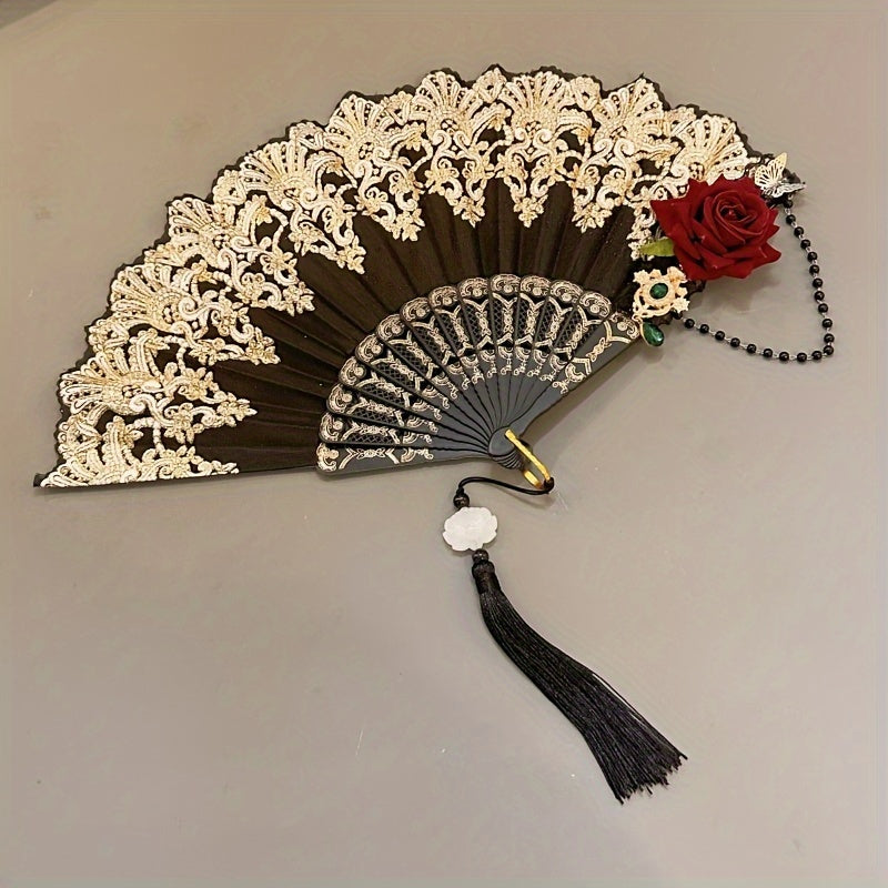 Golden Foil Folding Fan with Baroque Rose Design and Tassel for Women