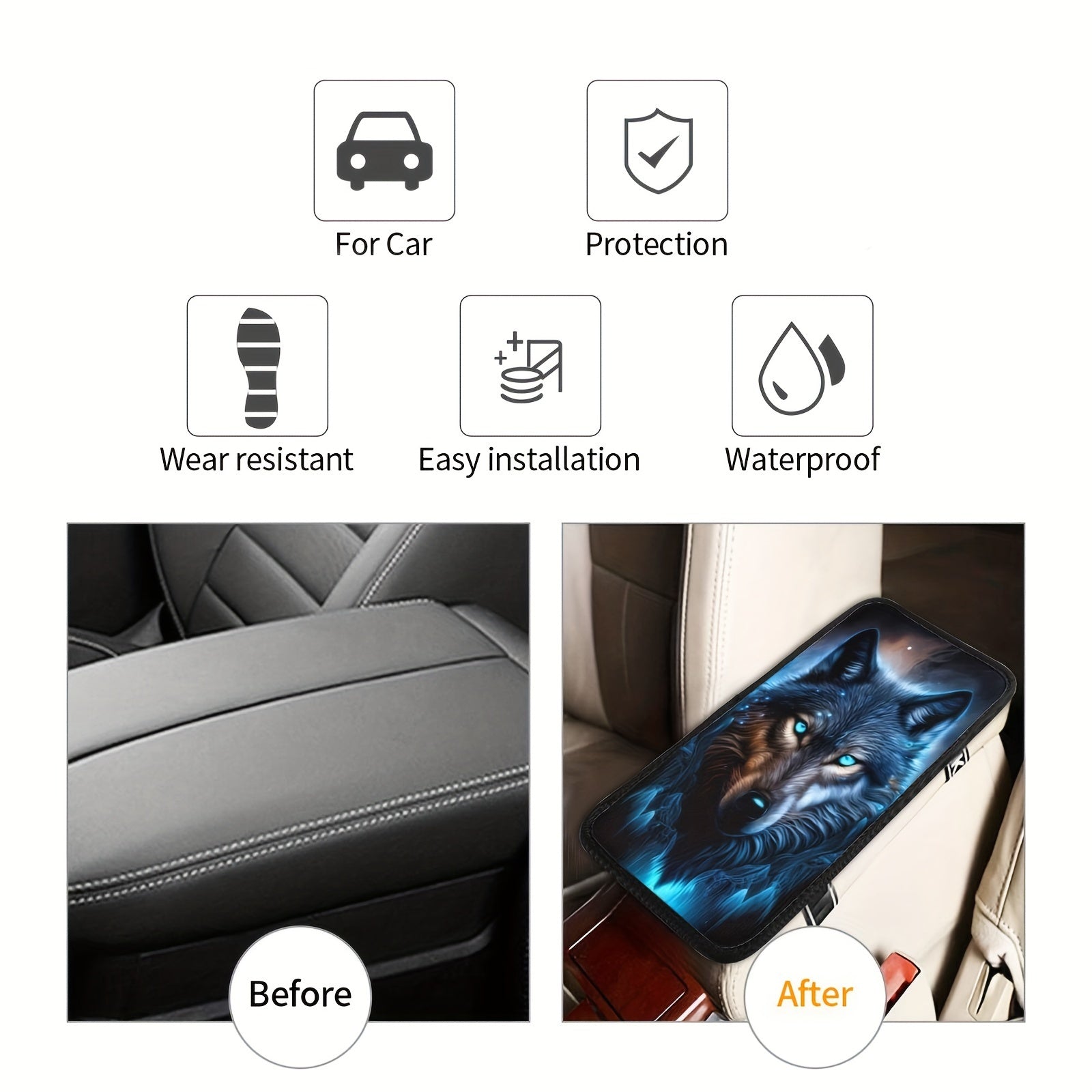 Car Interior Accessories Blue Wolf Pattern Center Console Cover Armrest Mat