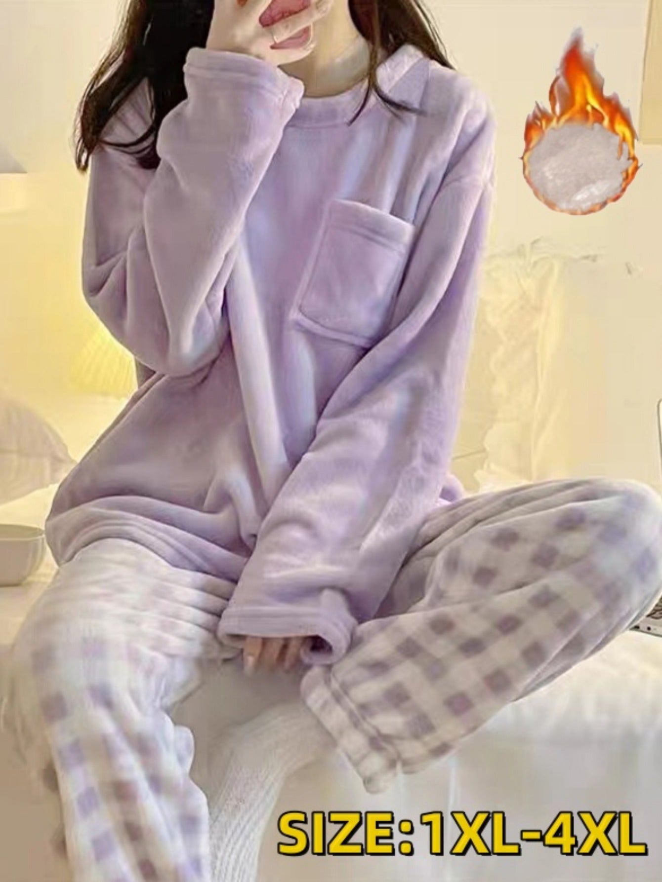 Plus Size Winter Fleece Pajama Set Women Plaid Sleepwear Loungewear
