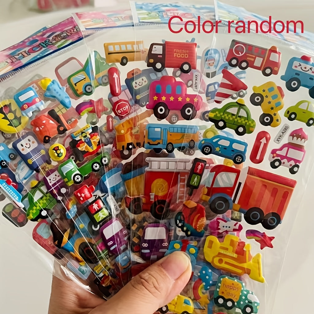 Set of 8 Cartoon Vehicle Stickers with 3D Stereoscopic Cars Fire Trucks and Excavators for Kids