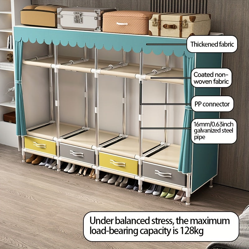 4 ta tortma va 4 ta osma kiyim ustuni bilan qulay kiyim saqlash uchun mustahkam po'lat quvurli shkaf. Silliq po'lat ramkali, mustahkam rangli mato shkafi va tortmalar va shkafni oddiy yig'ish. Oson ko'chiriladigan shkaf variant.