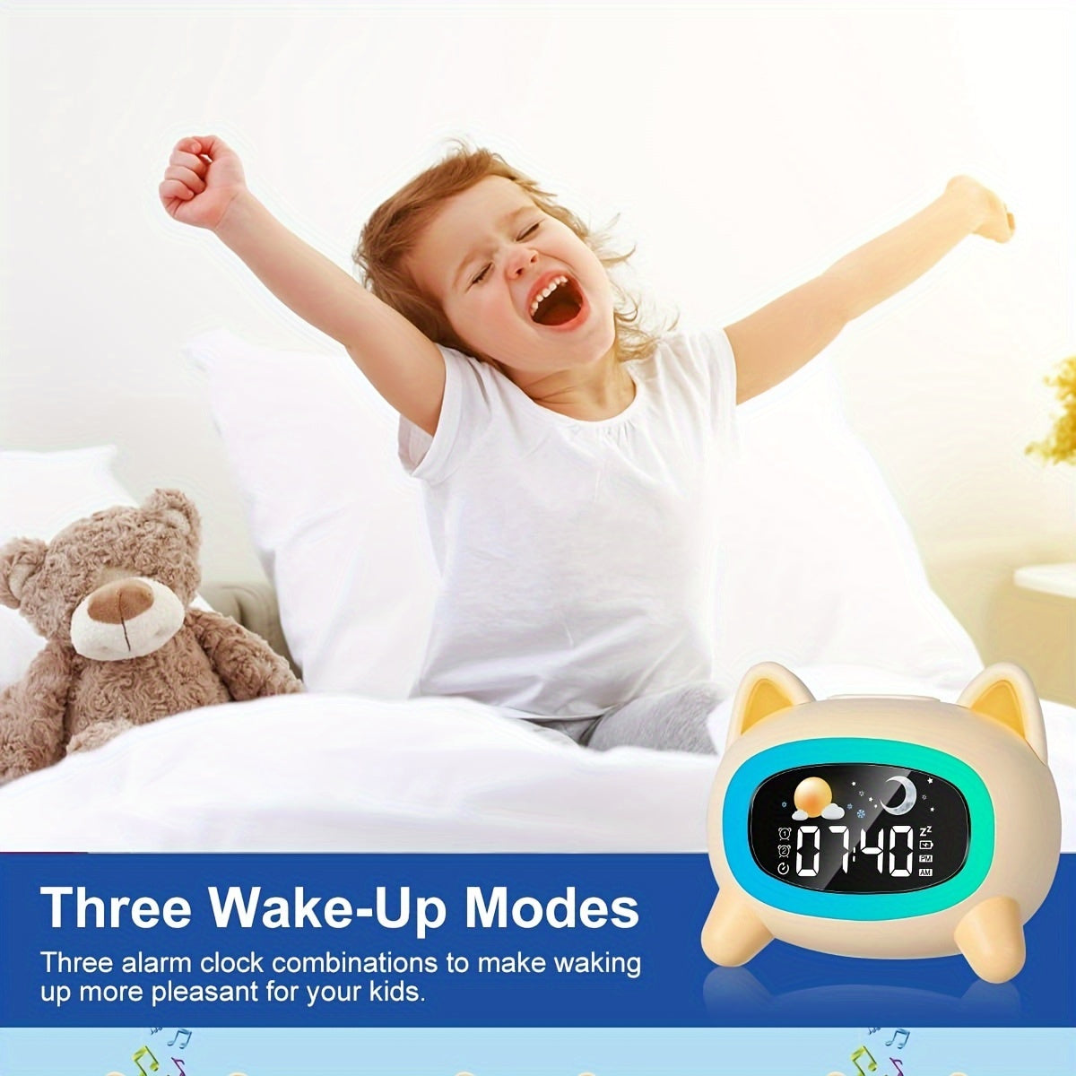 3-8 yoshdagi bolalar uchun yumaloq shakldagi va oq rangli sariq multfilm hayvon soat. 1800mAh litiy batareyasi bilan USB orqali zaryadlanadi. Uydan uyg'onish imkoniyati, ko'p rangli tun chirog'i va oq shovqinli uyqu melodiyalari mavjud.