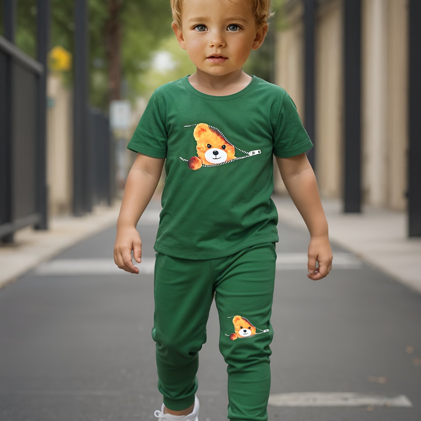 Kichkina O'g'il Bolalar T-shirt va shimlar to'plami Bahor yoz hayvonlari Teddy Bear bosma Polyester kundalik 12 va undan kichik