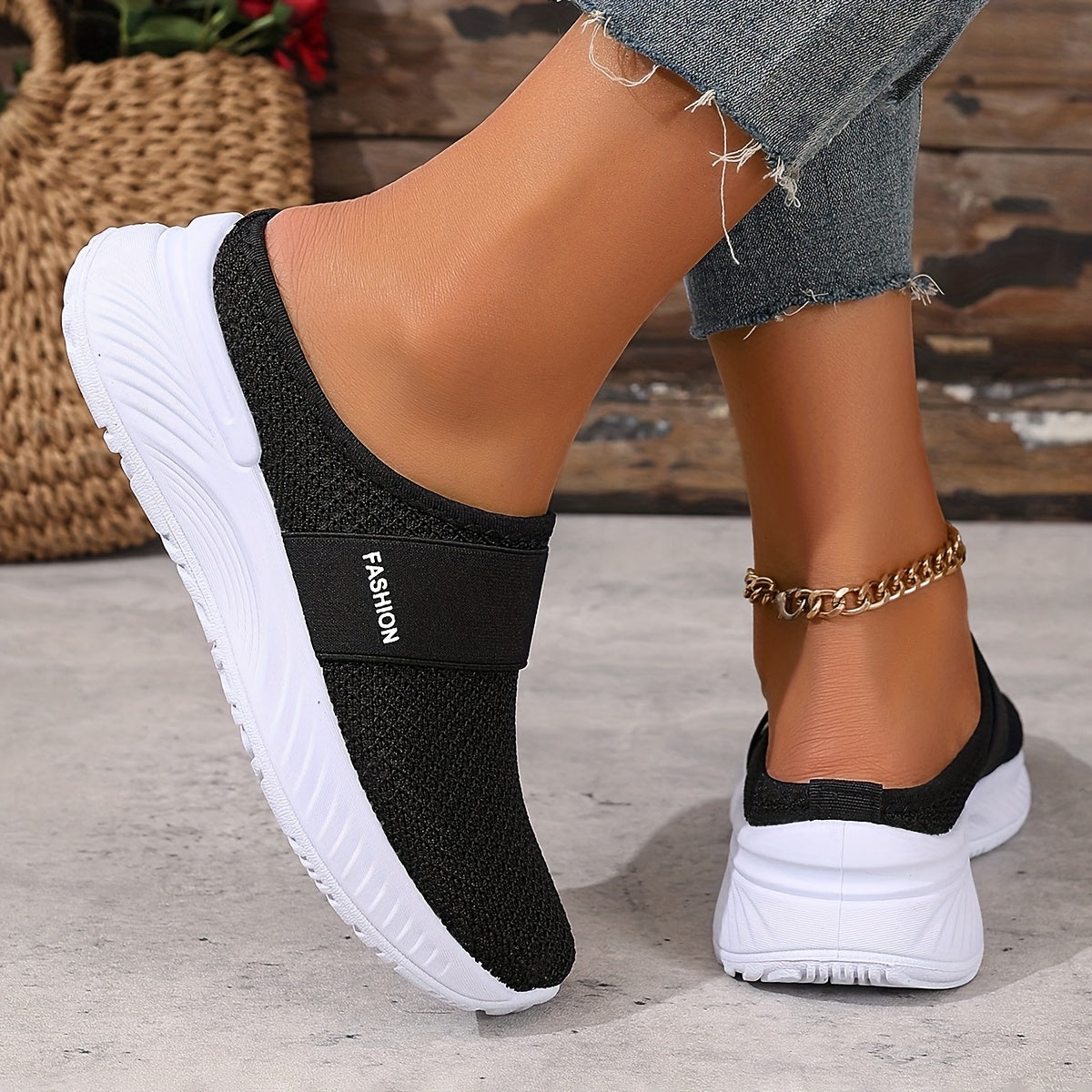 Women's Mesh Slip-On Sneakers White Black Casual Beach Summer Shoes