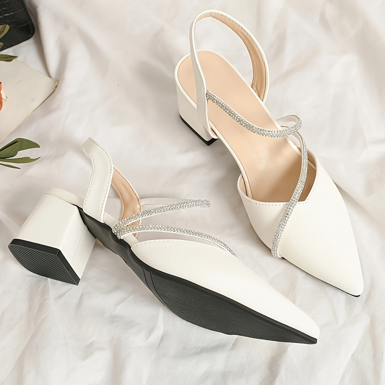 Women's Chunky Heel Sandals with Pointed Toe Rhinestone Accents Faux Leather All-Season