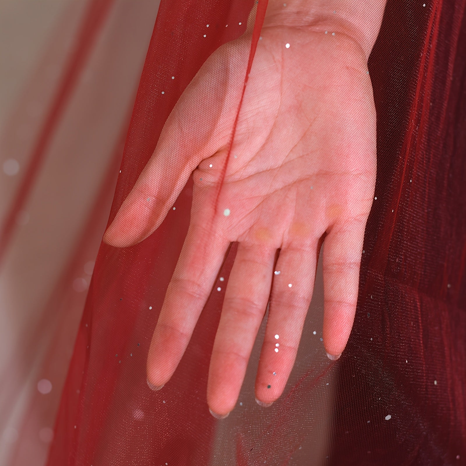 Red Bridal Veil with Golden Stitching Nylon Mesh for Wedding and Performance