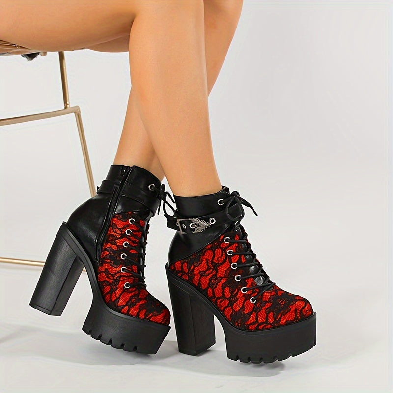 Women's Lace Red High Heel Ankle Boots with Platform Sole