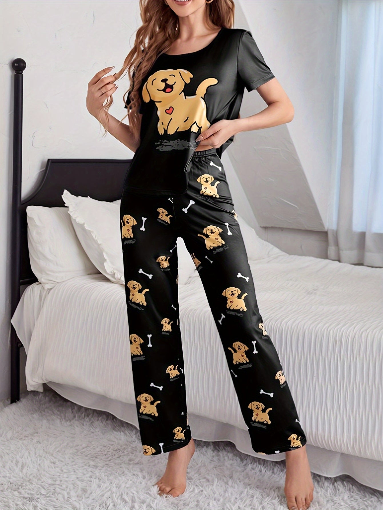 Women's Sleepwear Set with Puppy Print Short Sleeve Top and Elastic Pants
