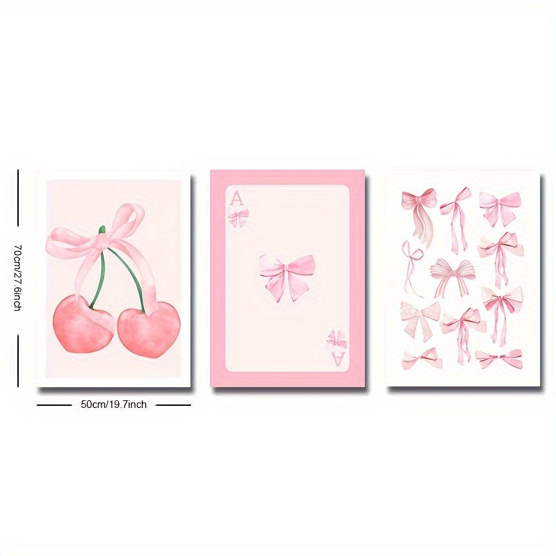 Set of 3 Pink Cherry Bow Canvas Wall Art Prints for Girl Room Bedroom Living Room Decor