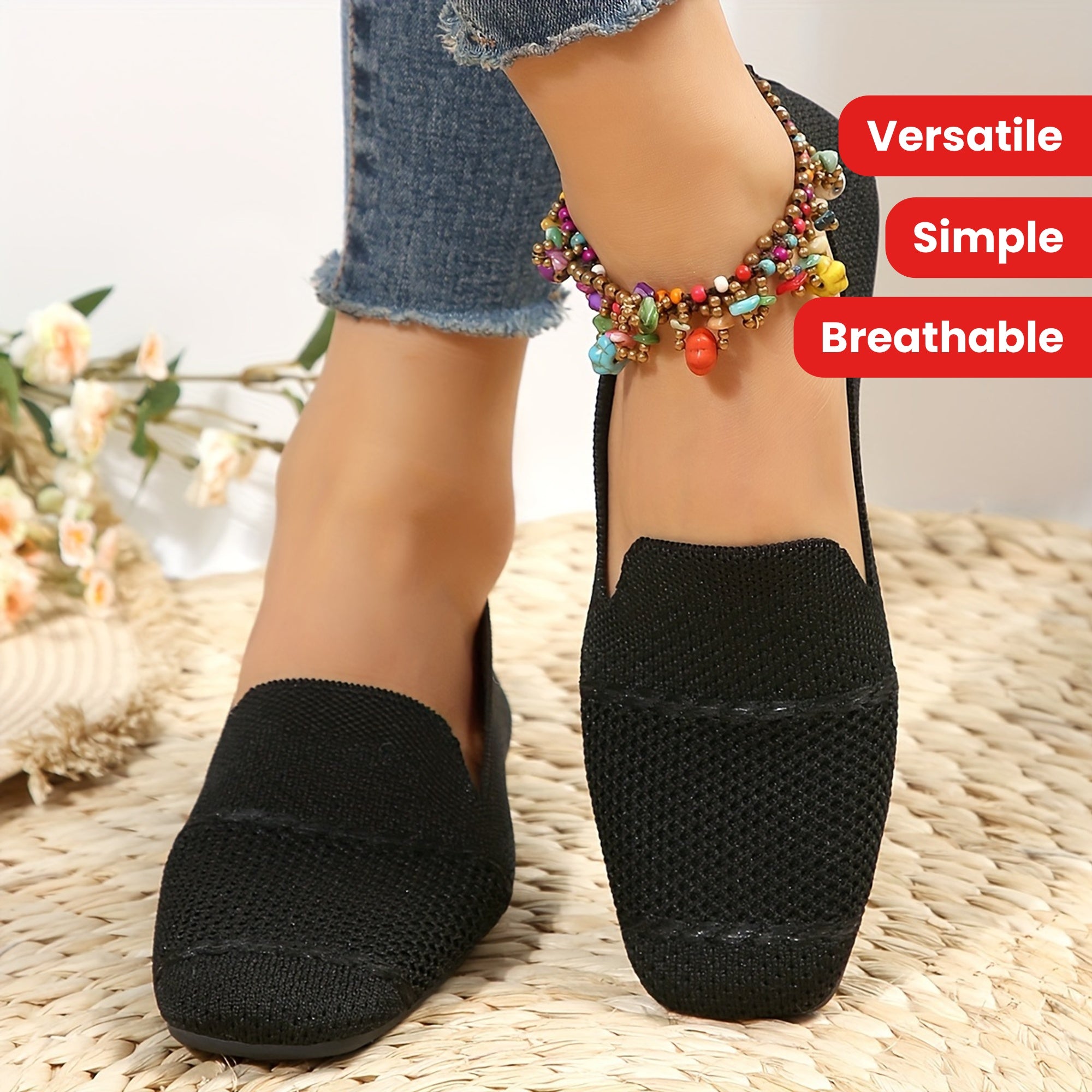 Women's Knitted Breathable Square Toe Shoes for Four Seasons