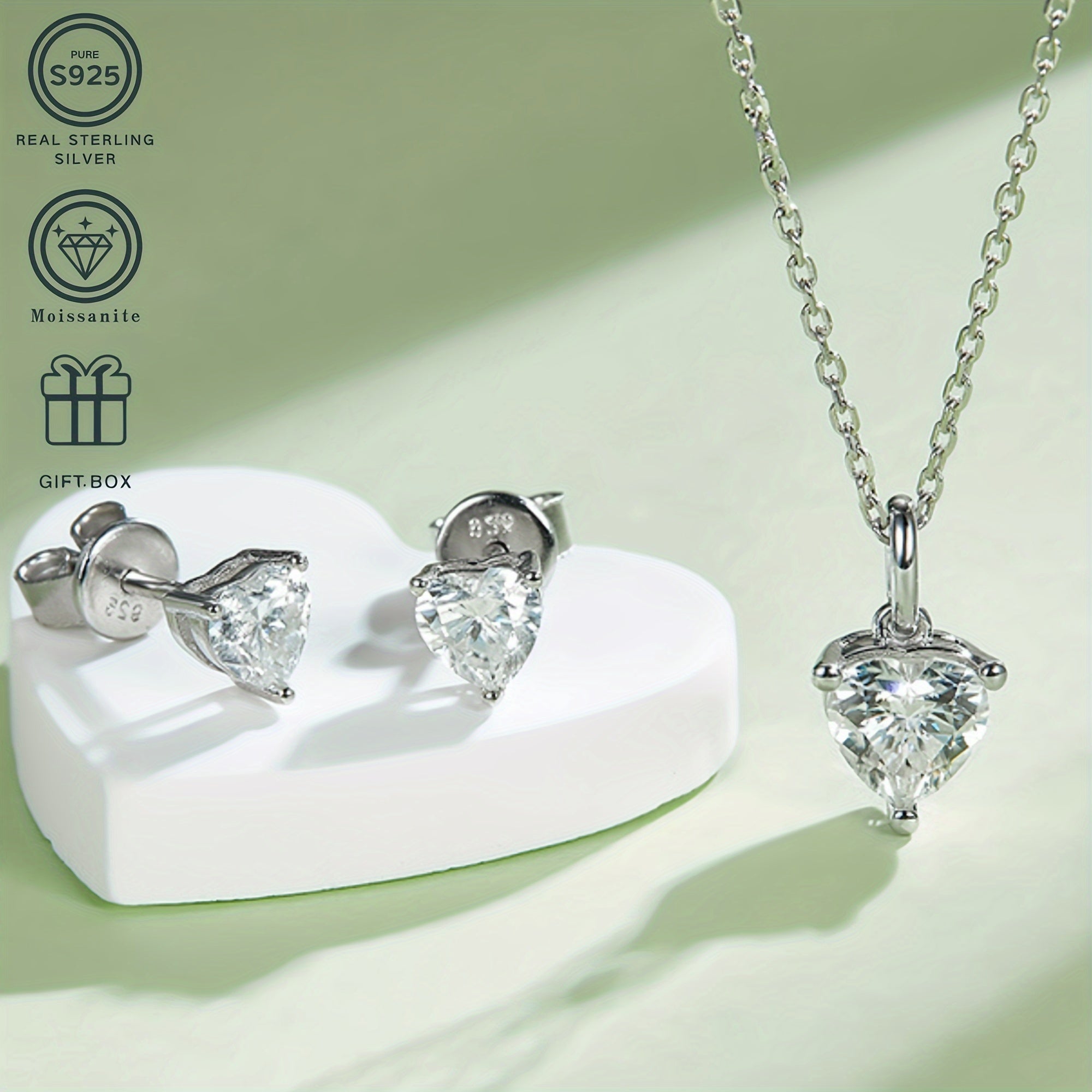 925 Silver Plated Jewelry Set Heart-Shaped Moissanite Necklace Earrings Wedding Festival Gift Box
