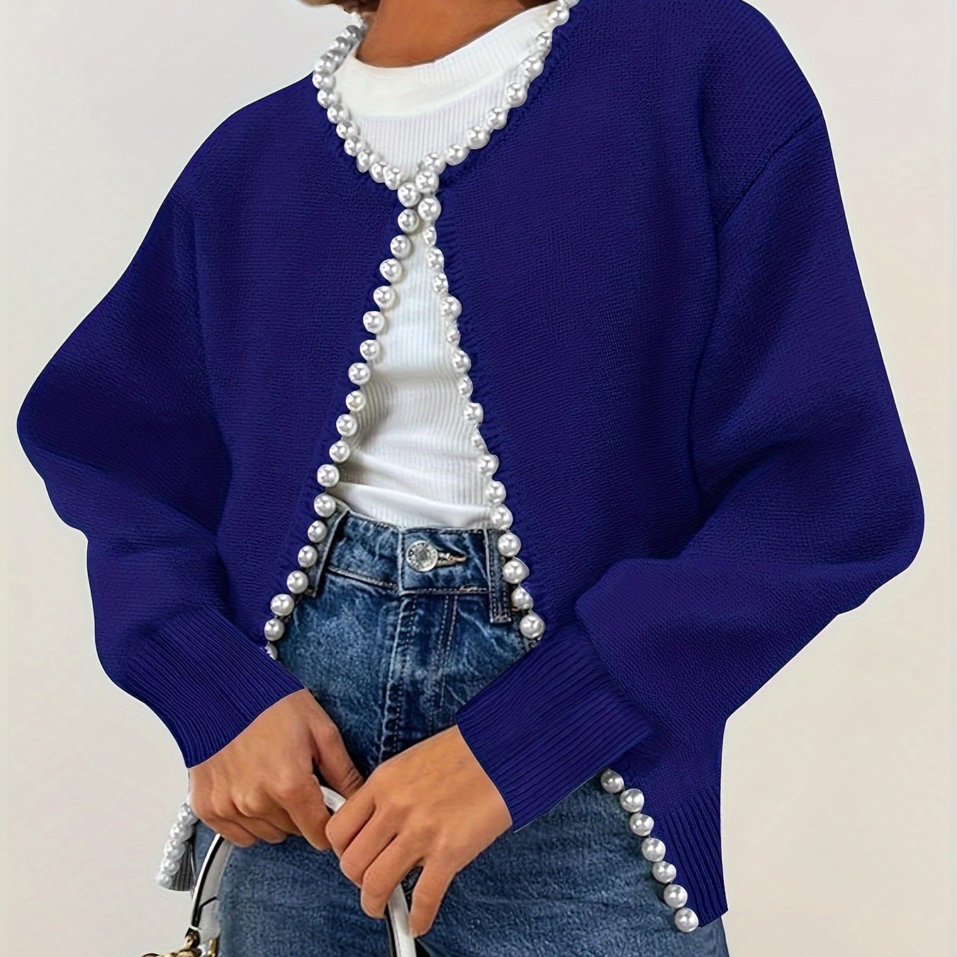Cárdigan corto para mujer de talla grande con perlas, blanco, suéter de manga larga