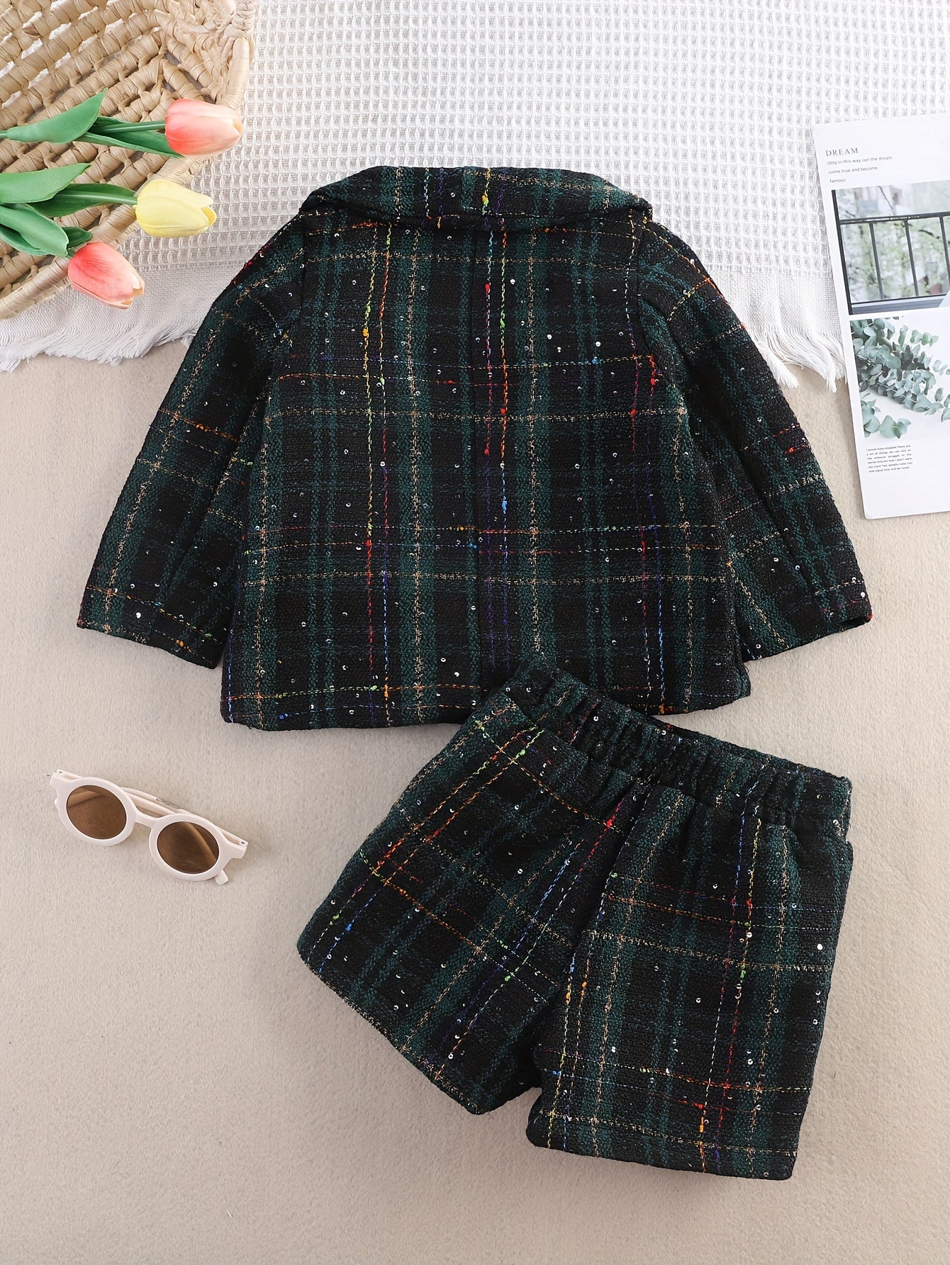 Children's Bee-Patterned Tweed Blazer and Shorts Set for Girls Fall and Spring
