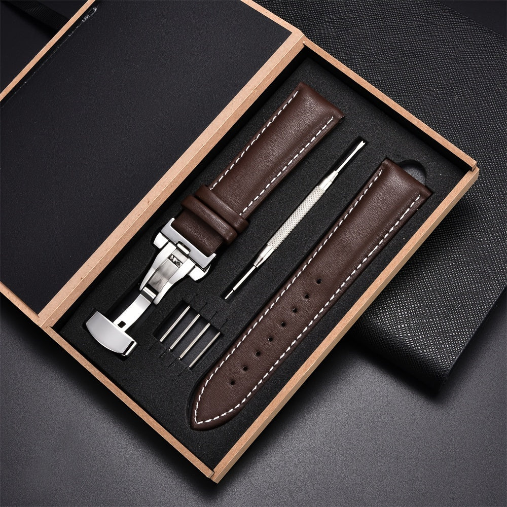 Men's Casual Watch Straps with Butterfly Clasp Soft PU Leather Bands 18mm 20mm 22mm 24mm Gift Box
