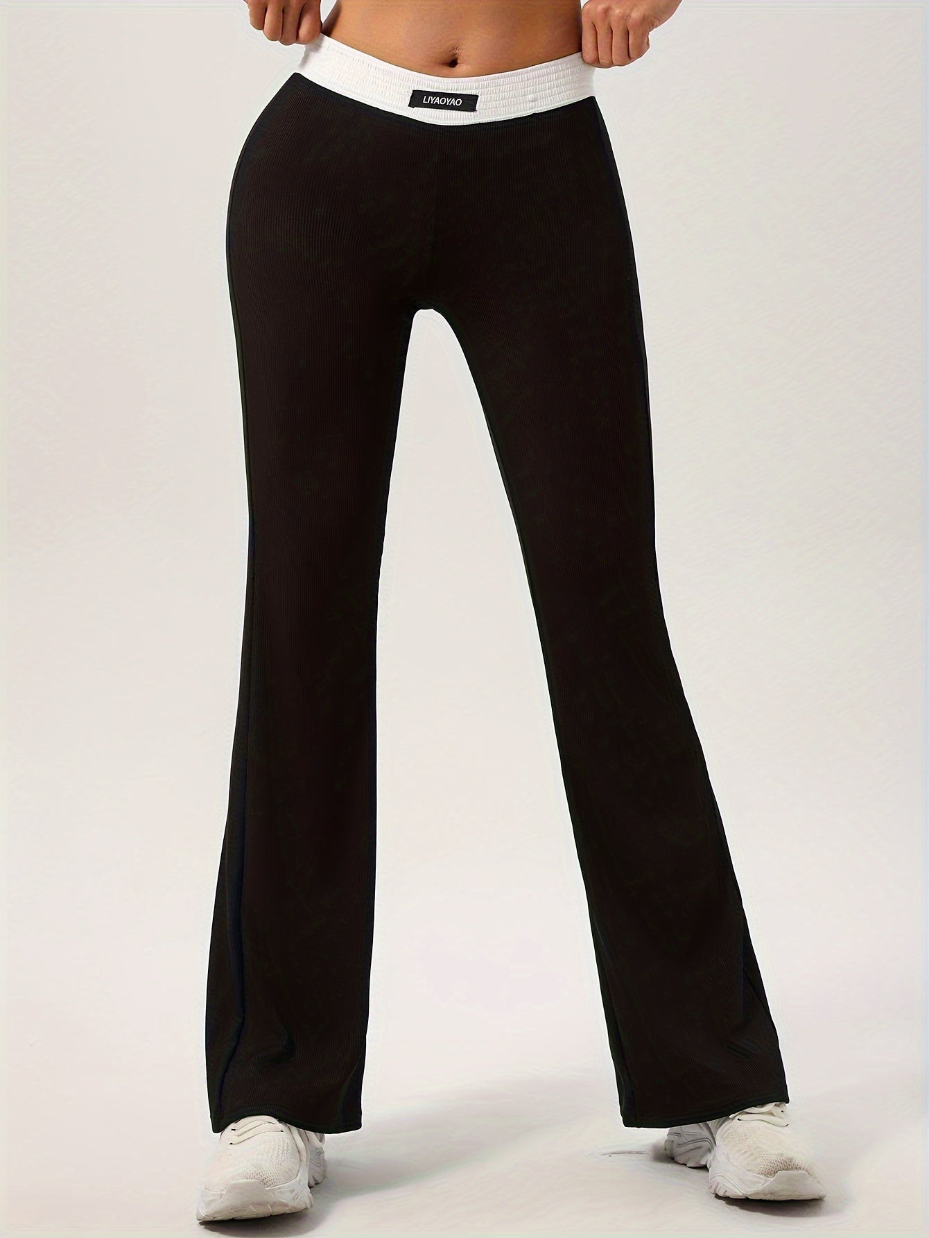 Women's High Waist Flare Pants with Contrasting Color Details and Stretch Fabric for Casual Fall Wear