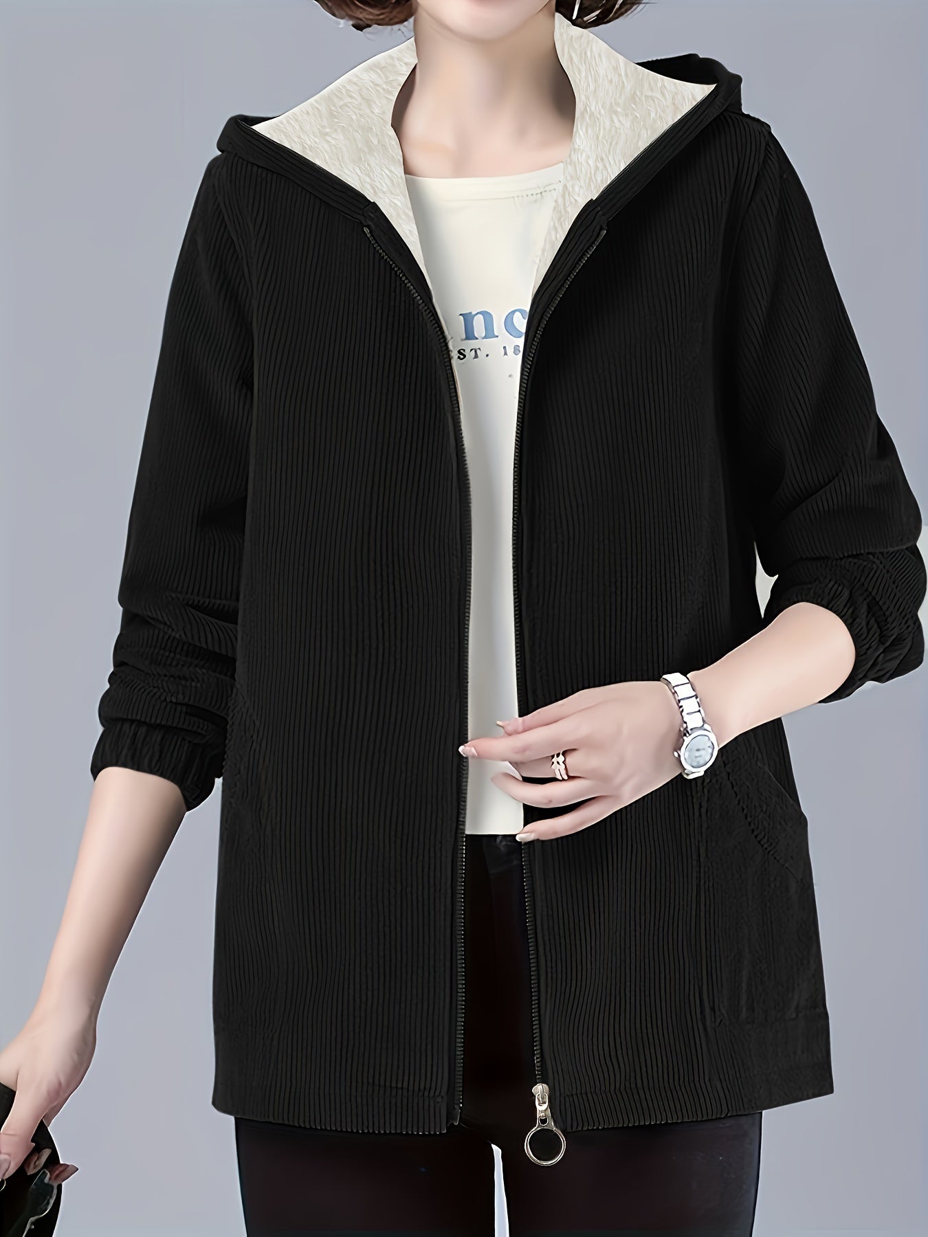 Plus Size Hooded Jacket for Women Fall Winter Solid Zipper Casual Polyester