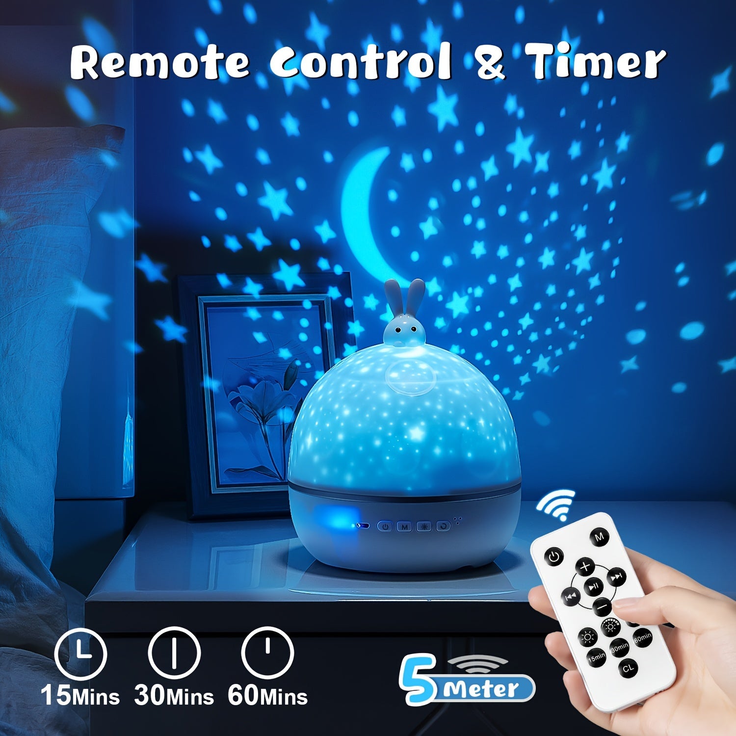 Proyector de estrellas luz nocturna 15 películas 7 colores control remoto temporizador rotación de 360 silenciosa