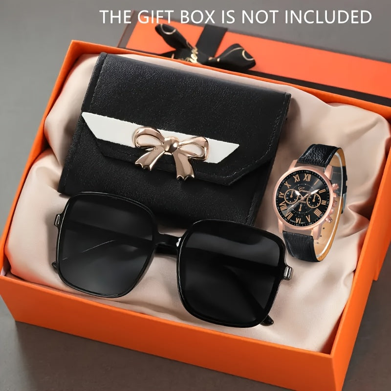 Women's Quartz Watch and Fashion Glasses Set with Bow Wallet