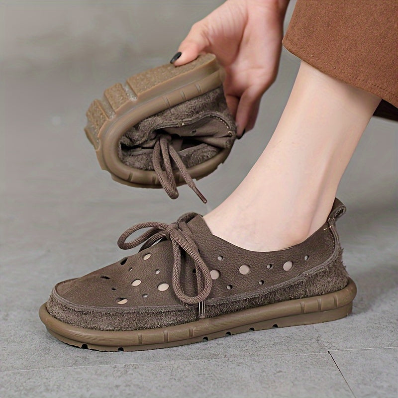 Women's Leather Loafers with Perforated Design and Rubber Sole Brown Summer Casual Shoes