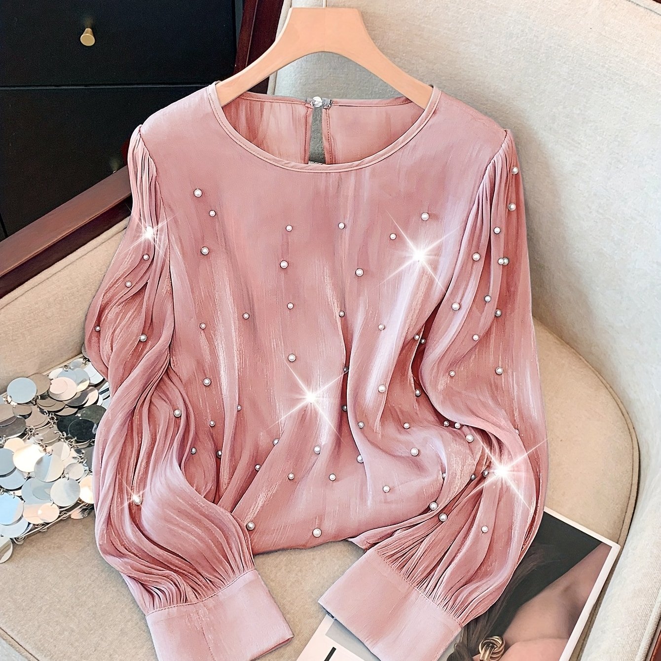 Women's Beaded V-Neck Blouse Long Sleeve Polyester Elegant French Style for Spring Fall Events