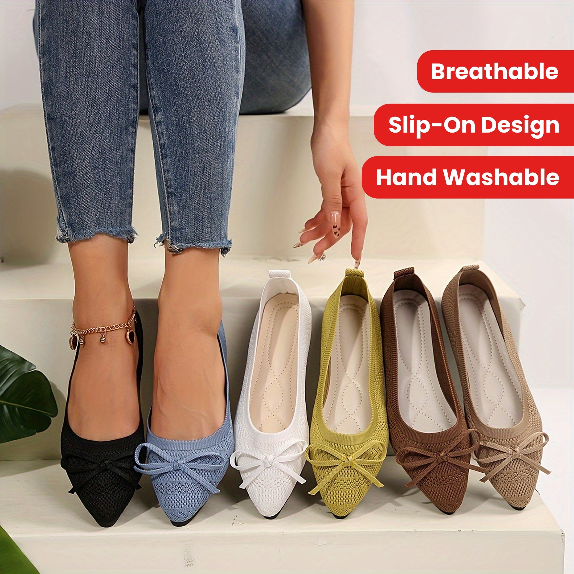 Women's Ballet Flats Bowknot Breathable Fabric Slip-On Shoes