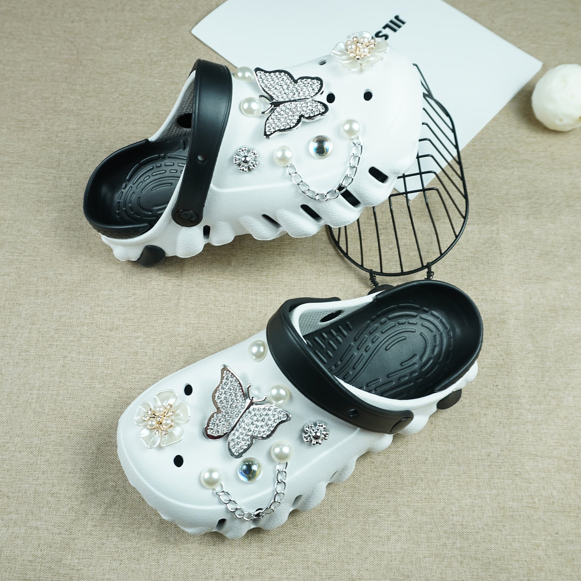 Women's Color-Block EVA Clogs with Rhinestone Butterfly and Flower Charms