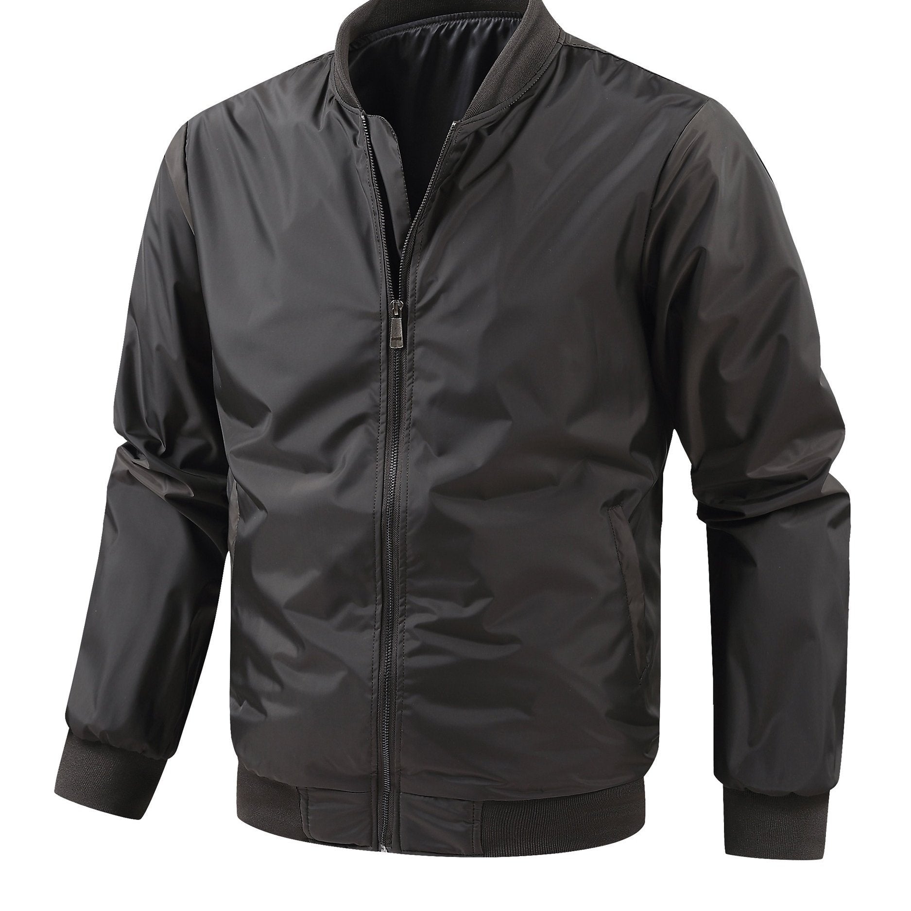 Men's Plus Size Lightweight Black Bomber Jacket with Stand Collar and Zip Closure