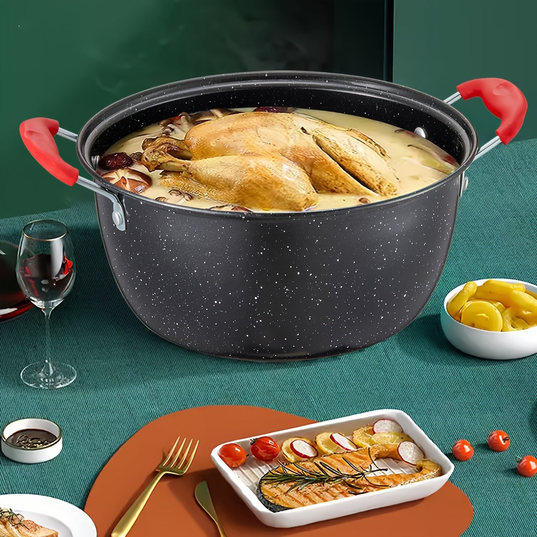 Multi-Functional Soup Pot Non-Stick Coating with Lid for Gas and Induction Stoves Red and Black