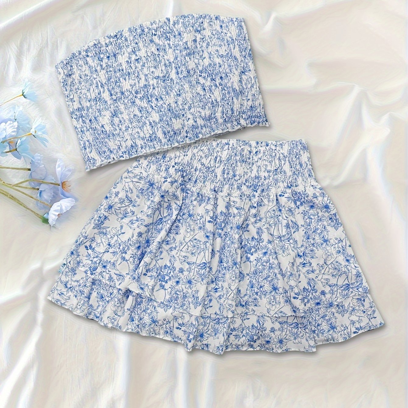 Women's Off-Shoulder Geometric Print Two-Piece Outfit Polyester Spandex Shirred