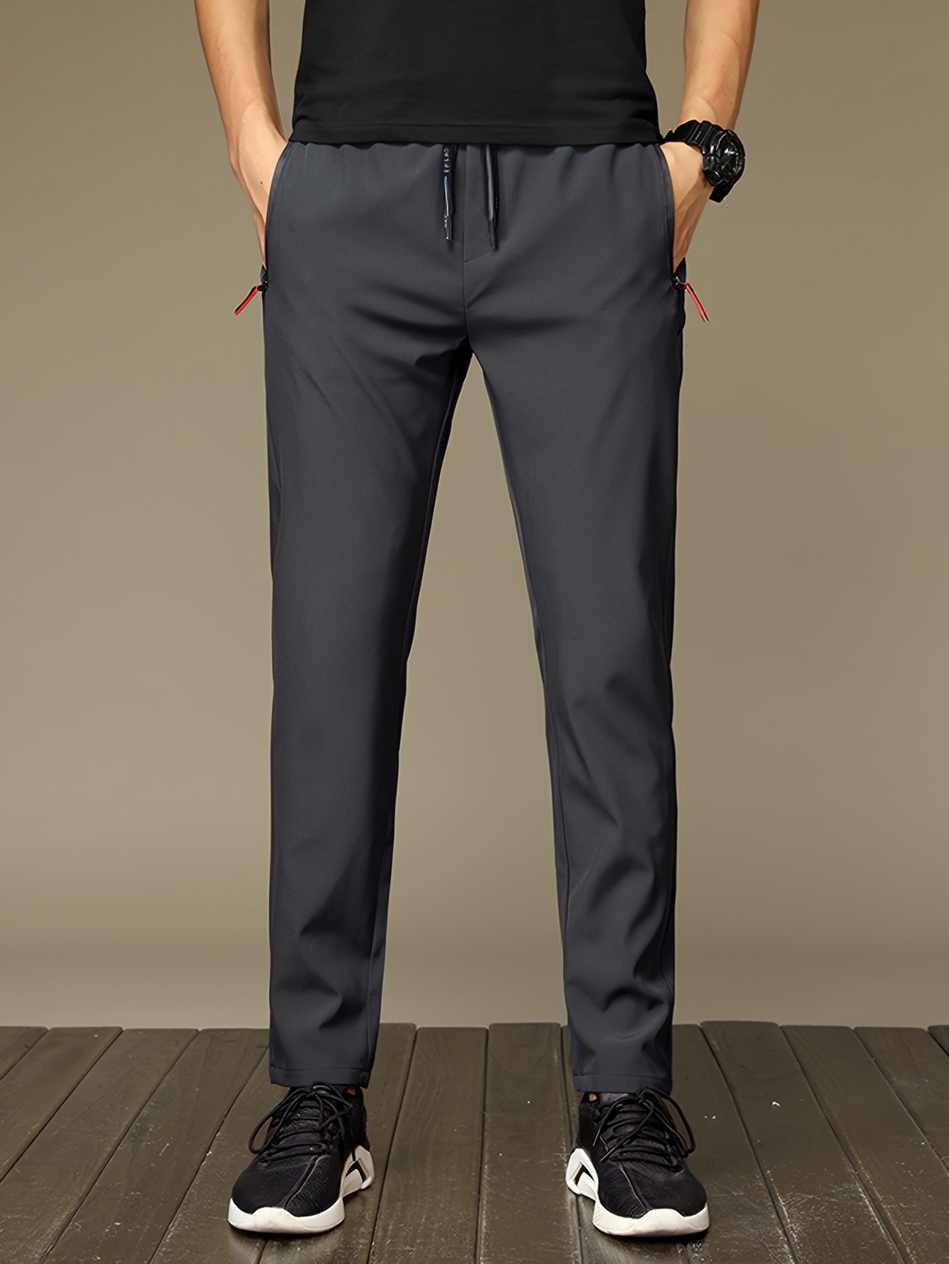 Men's Summer Sports Pants with Zipper Pockets Drawstring Waist Regular Fit Polyester Casual Outdoor