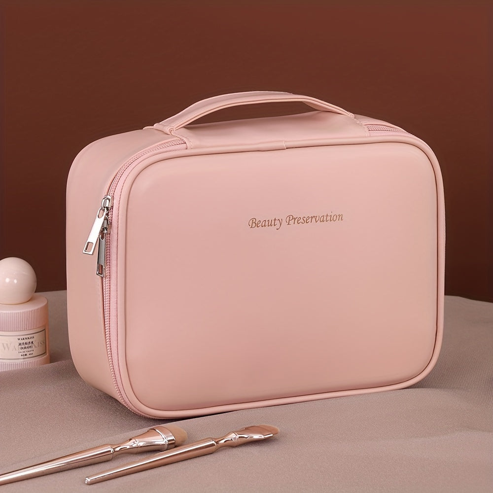 Bolsa de maquillaje impermeable unisex con compartimentos para cosméticos y artículos de aseo en beige y rosa