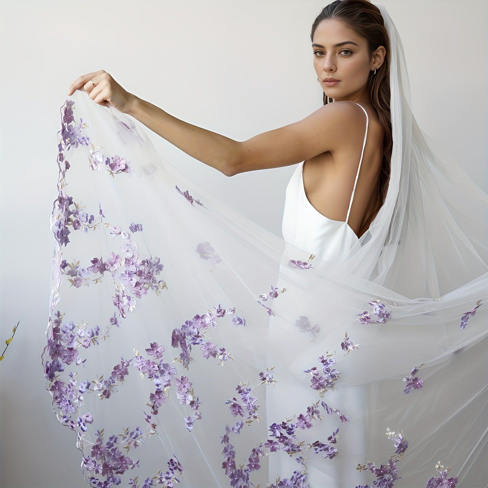 Purple Lace Bridal Veil with Comb Single-Layer Wedding Veil for Women