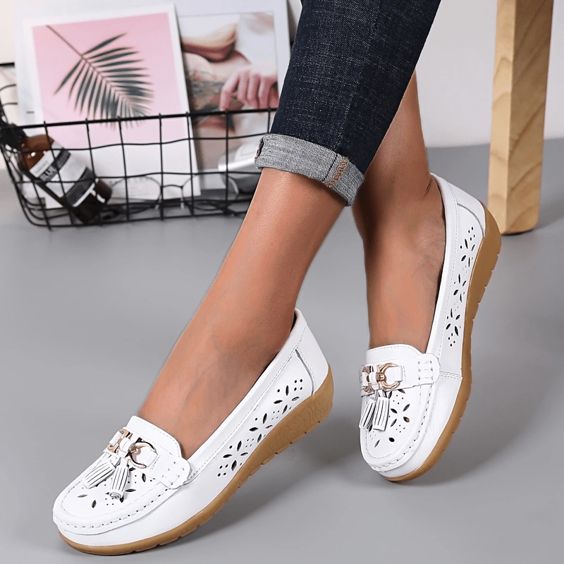 Women's Embroidery Loafers with Metal Tassel Hollow Out Soft Platform Shoes