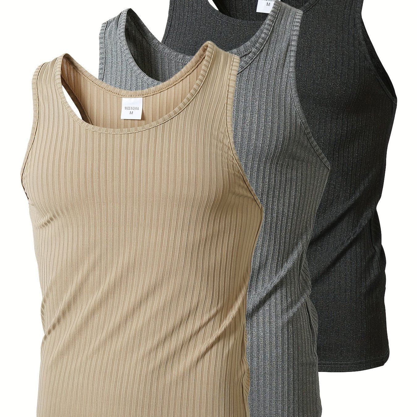 Men's Knitted Vertical Stripe Tank Top Set of 3 Polyester Sleeveless Sports Casual